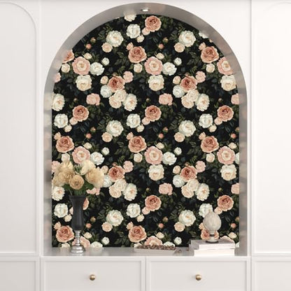 Laatse Dark Floral Rose Peel and Stick Wallpaper 17.5" x 118",Black/White - color: Pink&White, size: 118" x 17.5"