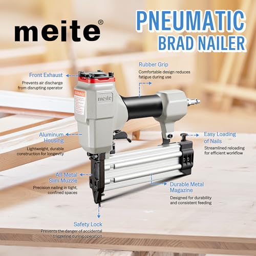 meite F50G Brad Nailer 18 Gauge 3/4-inch to 2-inch Pneumatic Tool with Trigger Safety for Woodworking Projects