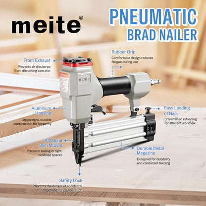 meite F50G Brad Nailer 18 Gauge 3/4-inch to 2-inch Pneumatic Tool with Trigger Safety for Woodworking Projects