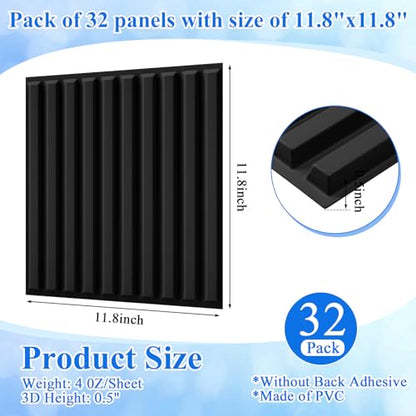 Nuanchu 32 Pcs 3D Wall Panels, 12"x12" PVC Fluted Tiles, Black - color: Black
