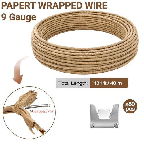 SOUJOY 131ft Upholstery Stay Wire for Sofa Furniture Springs, Paper Wrapped Wire 9 Gauge with 80 Clips, Couch Spring Repair Kit