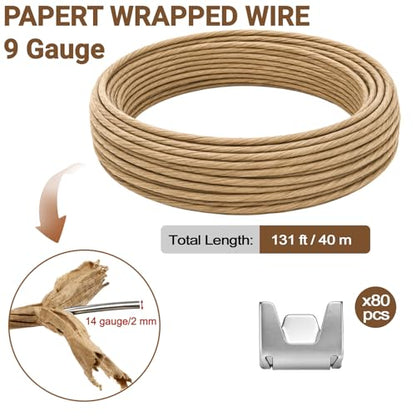 SOUJOY 131ft Upholstery Stay Wire for Sofa Furniture Springs, Paper Wrapped Wire 9 Gauge with 80 Clips, Couch Spring Repair Kit