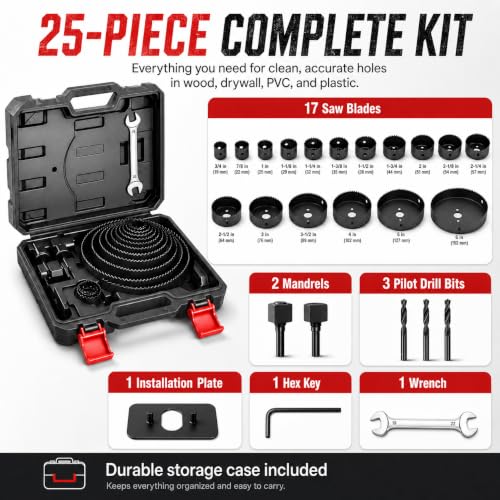 KATA 25 Piece Hole Saw Kit with 3/4"-6" for Wood, Drywall, PVC and Plastic - color: 25PC-Black Hole Saw Kit
