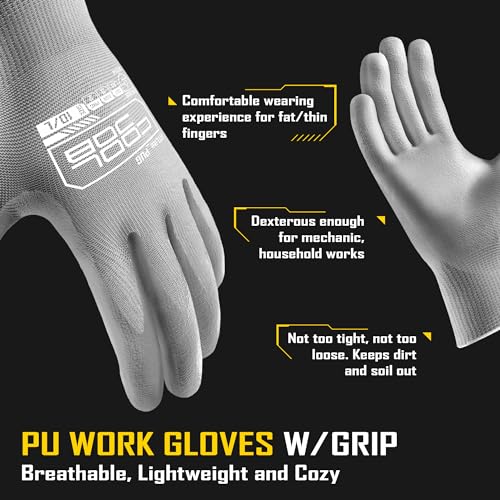 COOLJOB 12/60 Pairs Safety Work Gloves Pack Bulk with Grip PU Coating - color: Grey, size: Small (Pack of 12)