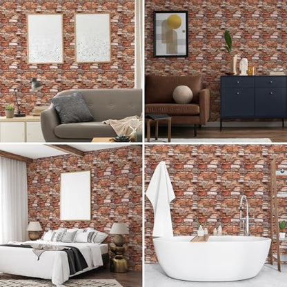 Peel and Stick 3D Foam Stone Wall Panels, Self Adhesive Wallpaper - color: Red Brick, size: 10 Pack