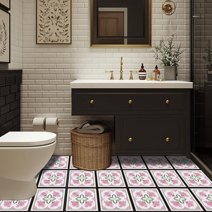 HOMETITUTE Elegant Pink Floral Peel Stick Floor Tile 12x12 Vinyl - color: Pink#6