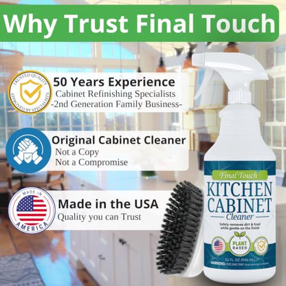 Kitchen Cabinet Cleaner and Degreaser - Plant Based Grease Remover for Wood, Painted and White Cabinets - Cleans, Restores, Protects Finishes, Streak Free, 32oz with Scrub Brush by Final Touch