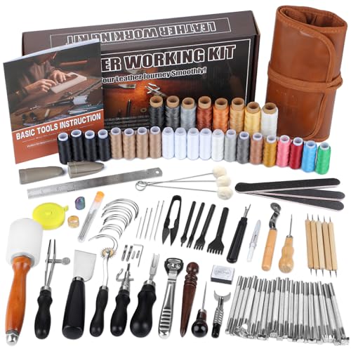 BUTUZE Leather Kit, Leather Tooling Kit for Beginners, Leathercraft Tools with Stamping Tools, Beveler, Groover, Stitching Punch Sewing Thread and Needles - Roll Bag and Manual