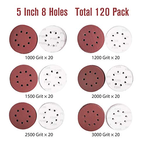 120-Pack 5 Inch 8 Hole Sanding Disc, 1000-3000 Grit Ultra Fine Sandpaper - style: 120PCS(1000-3000 Grit)