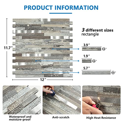 Midcard 10 Sheets Peel and Stick Backsplash PVC Wall Tile,for Kitchen Backsplash - color: Rectangular Distressed Silvery Moon