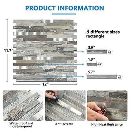 Midcard 10 Sheets Peel and Stick Backsplash PVC Wall Tile,for Kitchen Backsplash - color: Rectangular Distressed Silvery Moon