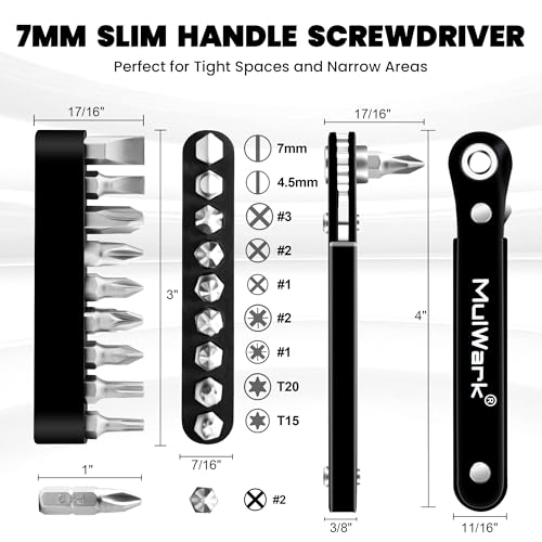 MULWARK 11-Piece Small Screwdriver Set, 1/4" Right Angle Screwdriver with Multi Bits - Ultra Low Profile Offset Driver for Automotive Repair, Electrical Work, Bicycle & Household Maintenance EDC Kit - size: 11-piece screwdriver set