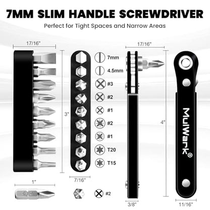 MULWARK 11-Piece Small Screwdriver Set, 1/4" Right Angle Screwdriver with Multi Bits - Ultra Low Profile Offset Driver for Automotive Repair, Electrical Work, Bicycle & Household Maintenance EDC Kit - size: 11-piece screwdriver set