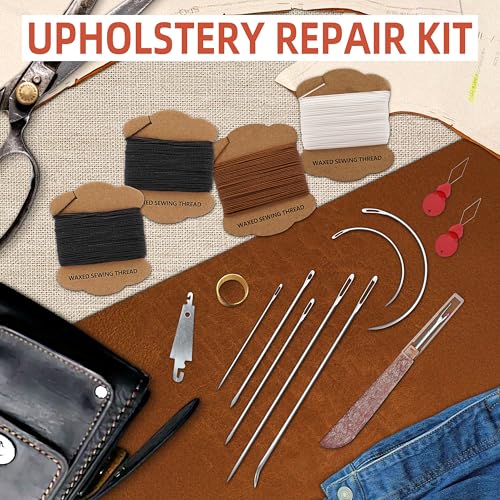 Upholstery Repair Kit: Extra Strong Waxed Sewing Thread 4 Rolls (3 Colors) &Heavy Duty Household Hand Needles (7 PCS) for Leather, Canvas, Bookbinding & Quilting Thread - color: Black, white, brown
