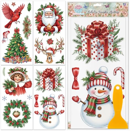 GLOBLELAND 4 Sheets Christmas Cardinal Bird Furniture Transfers Stickers 6x12inch Santa Claus Snowman Rub on Transfer UV Self-Adhesive Stickers Wall Art Craft for Bedroom Living Room Table Decoration - style: Cardinal