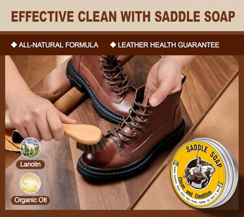 Leather Boot Care Kit, Mink Oil & Saddle Soap for Leather Cleaning & Leather Boots, 6-in-1 Leather Shoe Care Kit