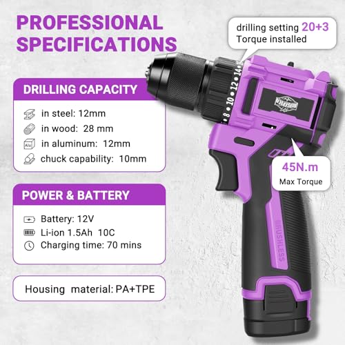 Purple Brushless Cordless Drill Set, 12V Compact Power Driver Kit with Electric Motor, Torque Setting, 50 N.m, 2 Variable Speed, Driver Bits, and Tool Box for Women Men Home DIY