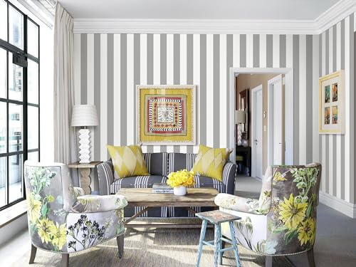Erfoni Grey Stripe Peel and Stick Wallpaper Modern Gray and White Wallpaper - color: Grey and White, size: 17.7" x 197"