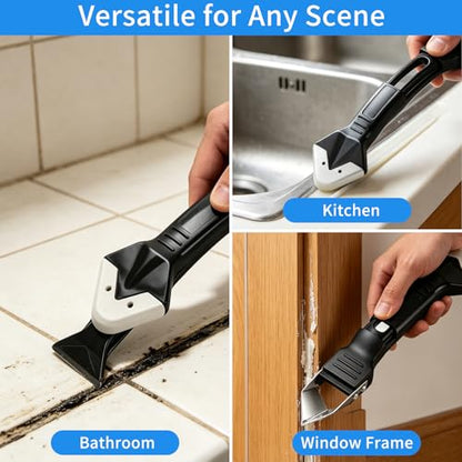 3 in 1 Silicone Caulking Tool with Stainless Steel Head, Black Sealant Remover and Finishing Scraper for Bathroom, Kitchen, Window and Tile