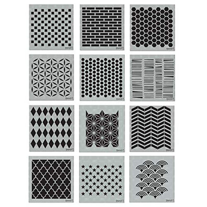 Mixed Media 12 Pack Pattern Stencil Set - Checkers, Bricks, Hexagons, Moroccan, Dots, Thatched, Diamonds, Asian Star, Chevron, Quatrefoil, 50 Stars, Scallop, Laser Cut Mylar each 5.75”x 6” by Stencil1 - color: Mixed Media 12 Pack Pattern Stencil Set