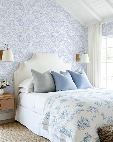 Safiyya Peel and Stick Wallpaper Boho Contact Paper 17.3"x78.7" Blue and White Modern Wall Paper Self Adhesive Removable Wallpaper for Bedroom Vinyl Rolls - color: Light Blue and White, size: 17.3" x 78.7"