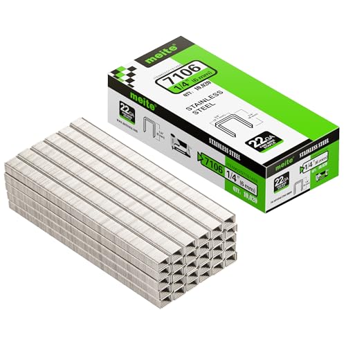 meite 71/06 22 Gauge 304 Stainless Steel Upholstery Staples, 3/8-Inch Crown with 1/4-Inch Leg Length, Heavy Duty Staples for Construction, Furniture, Crafts & DIY Projects (1 Case - 20 Boxes) - size: 1/4" (6 mm), style: 1 Case (20 Boxes)