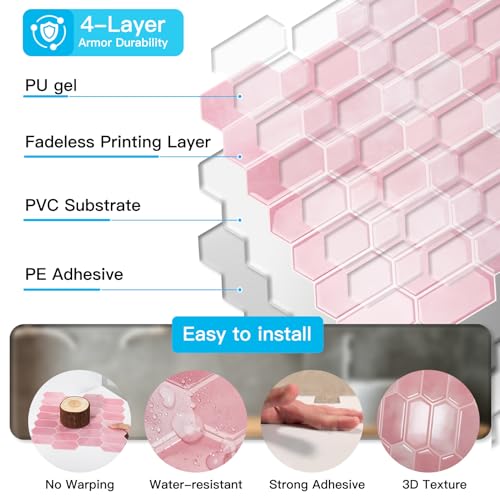 Art3d Hexagon Tile Peel and Stick Backsplash, 10-Pack, 12 x 12 Inch, Pink - color: Pink, size: 12 x 12 Inch