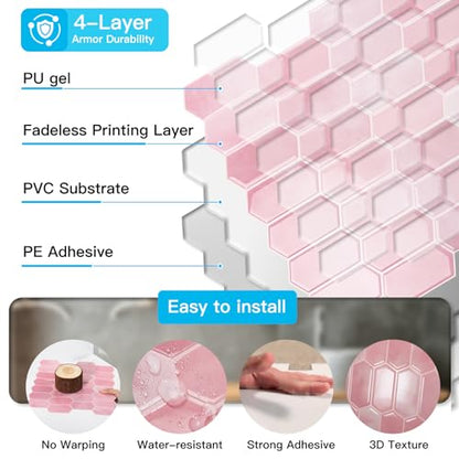 Art3d Hexagon Tile Peel and Stick Backsplash, 10-Pack, 12 x 12 Inch, Pink - color: Pink, size: 12 x 12 Inch