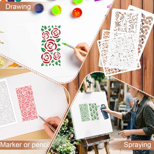 34 Pcs Reusable Craft Stencils - 16 Pcs 5.9" & 18 Pcs 7.9" Painting Templates, Floral & Geometric Stencils for Wood, Furniture, Canvas, Scrapbooking, DIY Art Decor