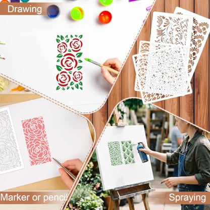 34 Pcs Reusable Craft Stencils - 16 Pcs 5.9" & 18 Pcs 7.9" Painting Templates, Floral & Geometric Stencils for Wood, Furniture, Canvas, Scrapbooking, DIY Art Decor