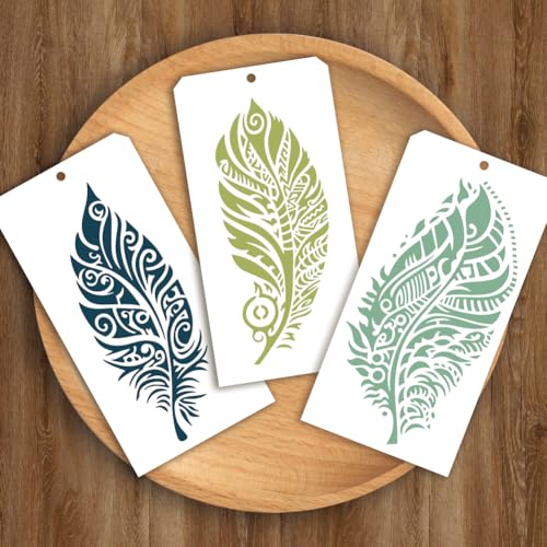 12 Pcs Painting Stencils, 12 Styles Feathers Pattern Stencil Templates Reusable Craft Templates for Painting on Wall Decor Fabric Wood Canvas - style: Feathers