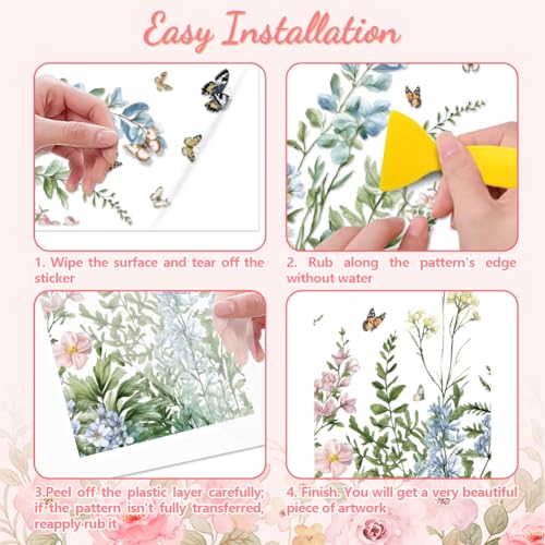 Peacoblue Plants & Butterflies Rub On Transfers for Furniture 6"x12" - style: Green Plants and Flowers with Butterflies