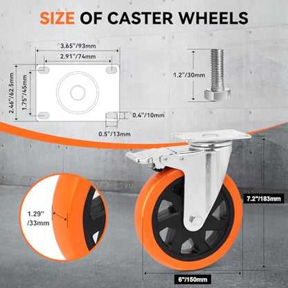 W B D WEIBIDA 6 inch Caster Wheels with Dual Locking, Casters Set of 4 Heavy Duty of 2400lbs, Premium Polyurethane No Noise Wheels for Cart, Workbench and Furniture - size: 6 INCH