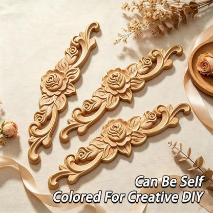 Wood Carved Long Onlay Appliques for Furniture, Rubber Wood 4 Pack