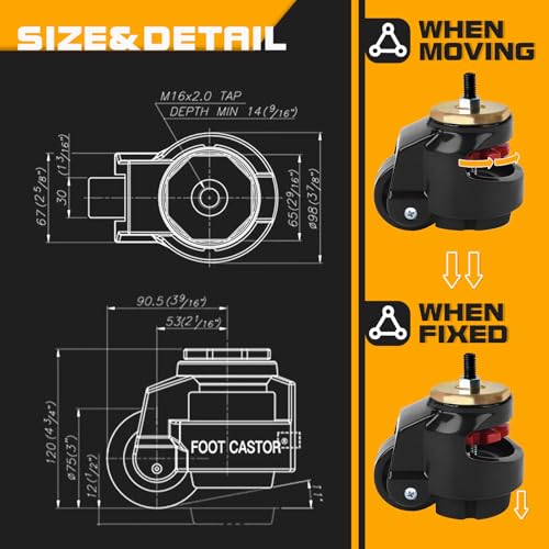 Leveling Stem Casters, Heavy Duty Leveling Casters, Load Capacity 6600 Lbs - size: 3 INCH