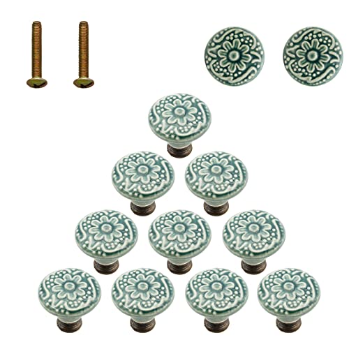 12 Pcs Ceramic Cabinet Knobs, 34mm/1.33 Inch Diameter Floral Ceramic Decorative Round Dresser Drawer Pulls Handles Single Knobs with Screws for Furniture Cabinet (Green)