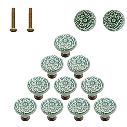 12 Pcs Ceramic Cabinet Knobs, 34mm/1.33 Inch Diameter Floral Ceramic Decorative Round Dresser Drawer Pulls Handles Single Knobs with Screws for Furniture Cabinet (Green)