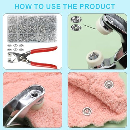200 Sets Snaps for Fabric, Metal Snaps Buttons with Fastener Pliers Press Tool Kit for DIY Crafting, Clothing, Buttons for Clothes Sewing (9.5mm)