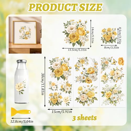 Flowers Rub On Transfers for Furniture and Crafts, 3pcs Yellow Rose Flowers Transfers Stickers Waterproof Decals for Bookcase Wardrobe DIY Home Door - color: Yellow Roses