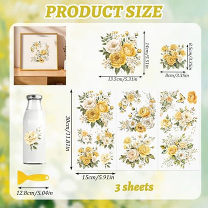 Flowers Rub On Transfers for Furniture and Crafts, 3pcs Yellow Rose Flowers Transfers Stickers Waterproof Decals for Bookcase Wardrobe DIY Home Door - color: Yellow Roses