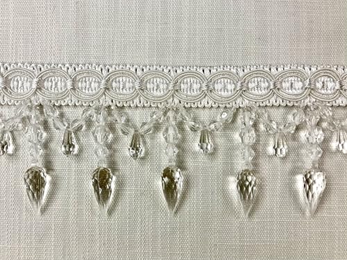 White Tassel Fringe Trim with Lucite Crystal Beads 4" Width TF-32/1 Upholstery/Drapery/Interior Design/Home Furnishings