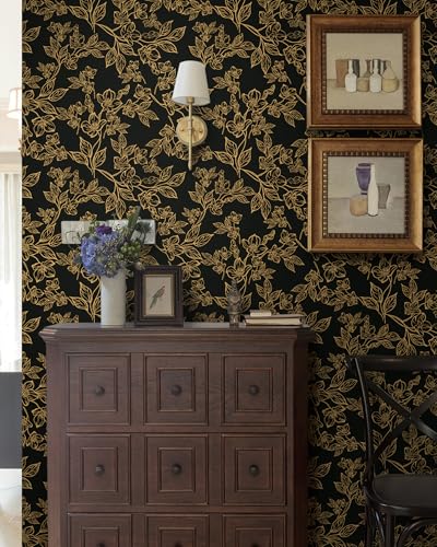 Ismoon Dark Floral Peel Stick Wallpaper Black Gold Wallpaper 17.3x78.7in - color: Black/Gold, size: 17.3" x 78.7"