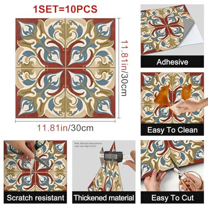 HOMETITUTE Red Base Scroll Floral Peel and Stick Tile Art Deco,12"x12" - color: Multicolor#12