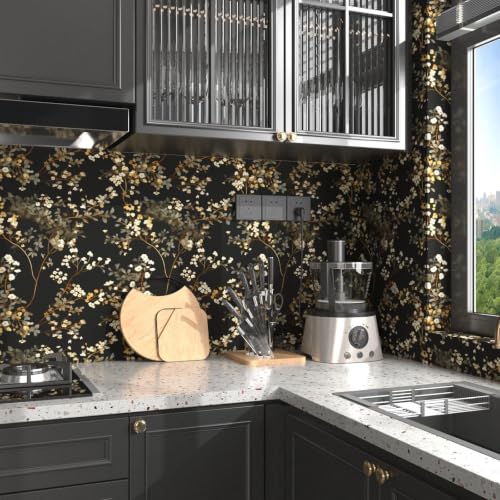 Fvlow Moody Black Dark Leaves Floral Peel and Stick Wallpaper 17.4" x 197" - color: Black/Muted Gold, size: 17.4" x 197"