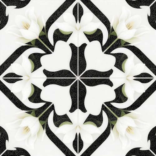 HOMETITUTE Black White Lily Peel Stick Floor Tile 12x12 Vinyl - color: Black and White