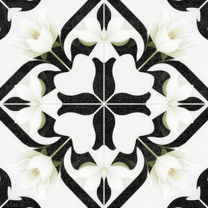 HOMETITUTE Black White Lily Peel Stick Floor Tile 12x12 Vinyl - color: Black and White