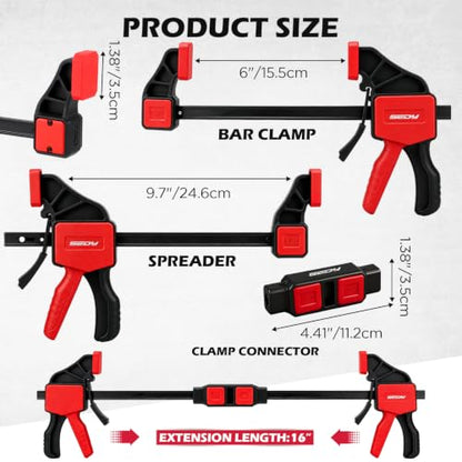 6-Pack 6 Inch Bar Clamps for Woodworking with Clamp Connector, 6" Quick-Release Wood Clamps with 150 LBS Load Limit, Trigger Clamp Set, One-Handed Clamps/Spreader Ideal for Woodworking DIY Projects - style: 6" (6-Pack) | Extends to 12"+