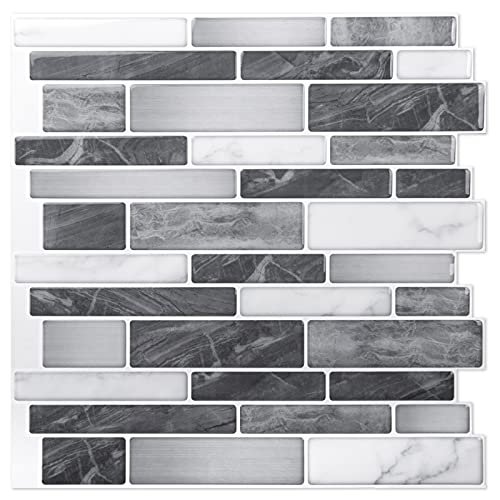 Art3d 10-Pack Marble Wall Tile Peel and Stick Backsplash, 12 x 12 in, Grey - color: Grey-white
