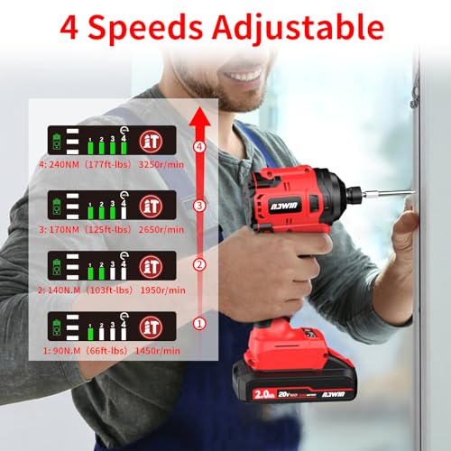 NAWIN Cordless Impact Driver Kit 20V Max Torque 240Nm（177ft-lbs）High Rotation Electric Impact Driver Brushless Motor Continuously Variable Rechargeable 1/4" impact driver 2.0Ah Batteries