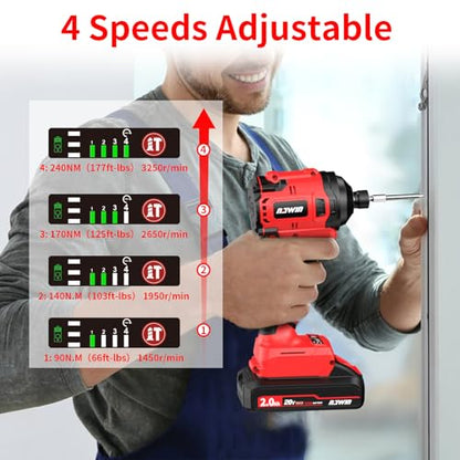 NAWIN Cordless Impact Driver Kit 20V Max Torque 240Nm（177ft-lbs）High Rotation Electric Impact Driver Brushless Motor Continuously Variable Rechargeable 1/4" impact driver 2.0Ah Batteries